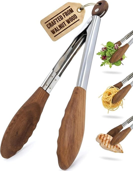 Boxiki Kitchen Wooden Tongs for Cooking - Nonstick Kitchen Salad Tongs for Serving Food, Grilling, Cooking, BBQ and Tossing Salad - Made of Natural Walnut Wood, Size 12-inch by Boxikikitchen