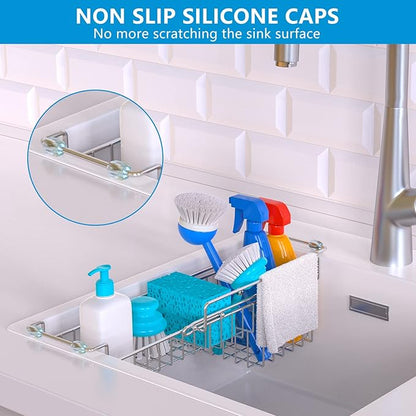 Over The Kitchen Sink Caddy Sponge Holder Organizer Drying Rack Expandable for Sponge Brush Soap Dish Cloth Rag, Stainless Steel (12.25" to 17.25") - Image 7