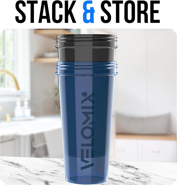 VELOMIX -2 Pack- 28 oz Protein Shaker Bottles for Protein Mixes - 2x Wire Whisk | Leak Proof Shaker Cups for Protein Shakes and Pre Workout | Protein Shaker Bottle Pack (A4) Blue/Black