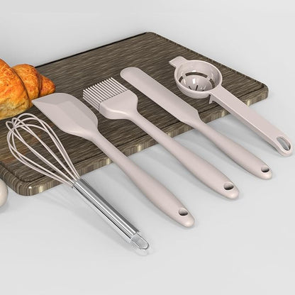 Large Silicone Cooking Utensils Set - Heat Resistant Kitchen Utensils,Turner Tongs,Spatula,Spoon,Brush,Whisk,Stainless Steel Silicone Cooking Tool for Nonstick Cookware,Dishwasher Safe (Khaki) - Image 5