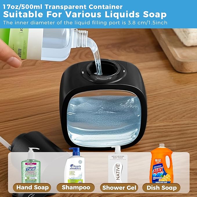 Automatic Liquid Soap Dispenser, 17oz/500ml Touchless Rechargeable with 4-Level Adjustable & IPX5 Waterproof - Level Display for Wall/Tabletop Use in Bathroom, Kitchen, Black - Image 6