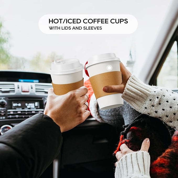 [100 Pack] 12 oz Paper Coffee Cups, Disposable Paper Coffee Cup with Lids, Sleeves, and Stirrers, Hot/Cold Beverage Drinking Cup for Water, Juice or Tea, Suitable for Home, Shops and Cafes - Image 5
