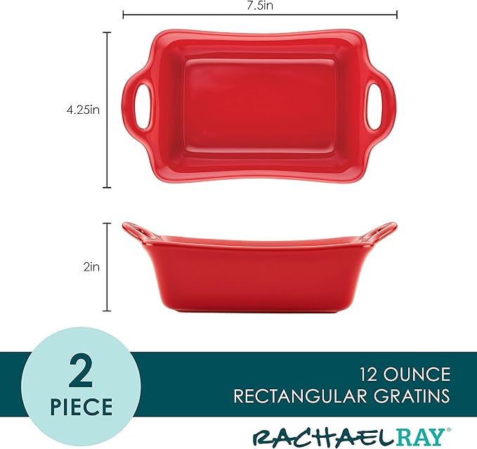 Rachael Ray Solid Glaze Ceramics Au Gratin Bakeware/Baker Set, Rectangular, 2 Piece, Red - Image 2