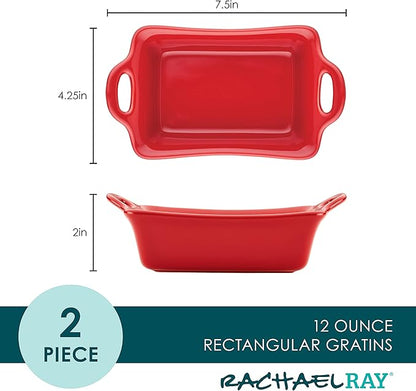 Rachael Ray Solid Glaze Ceramics Au Gratin Bakeware/Baker Set, Rectangular, 2 Piece, Red - Image 2