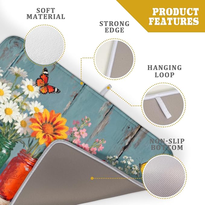 Dish Drying Mat for Kitchen Counter 18x24, Spring Summer Floral Decorative Absorbent Reversible Microfiber Kitchen Countertop Protector Dishes Drainer Pad - Image 4