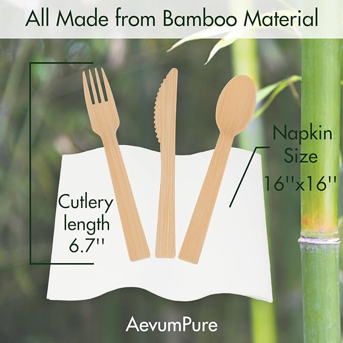 AevumPure 30 Sets Bamboo Cutlery With Pre-Rolled Napkin Set-Disposable Wrapped Bamboo Utensils 120Pcs (30Compostable Napkins,30Forks,30Spoons,30Knives)-Wooden Silverware/Wrapped Plastic Tableware - Image 3