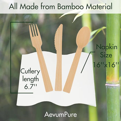 AevumPure 30 Sets Bamboo Cutlery With Pre-Rolled Napkin Set-Disposable Wrapped Bamboo Utensils 120Pcs (30Compostable Napkins,30Forks,30Spoons,30Knives)-Wooden Silverware/Wrapped Plastic Tableware - Image 3