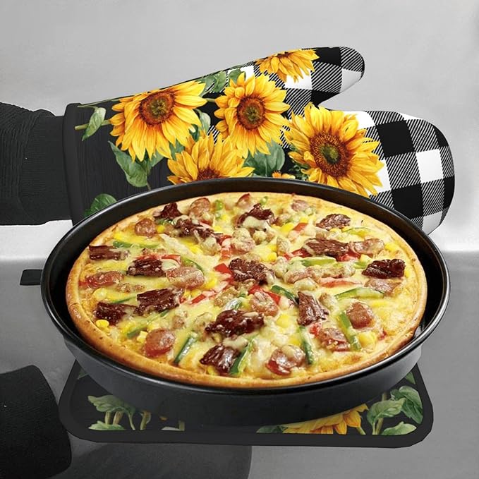 Sunflower Oven Mitts and Pot Holders Sets of 2 Buffalo Plaid Kitchen Mitts Farmhouse Hot Pads for Cooking Baking Grilling - Image 7