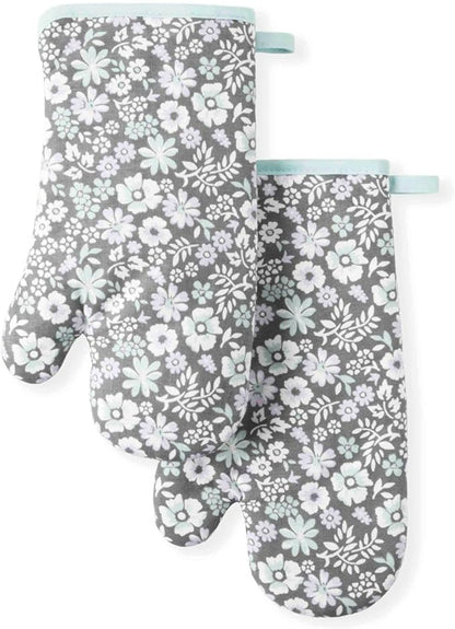 Martha Stewart Ditsy Floral Oven Mitt 2-Pack Set, Grey, 7"x13" by MarthaStewart