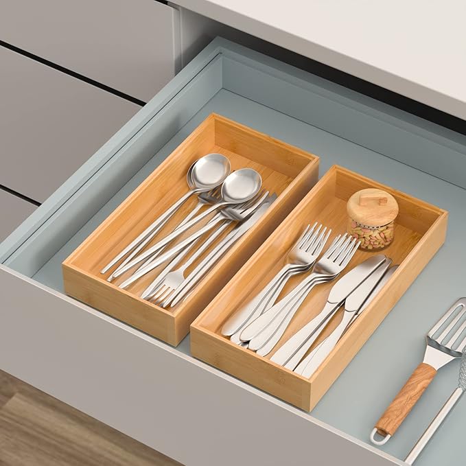 VeyFey Silverware Tray for Drawer, Stackable Kitchen Bamboo Drawer Organizer 12" x 6" x 2" Set of 2 - Image 3