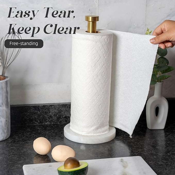Koville African Genuine Marble Paper Towel Holder Countertop, 6" Stone Base Gold Rod Paper Towel Holder Stand for Kitchen Storage, for Standard or Jumbo-Sized Rolls - Image 7
