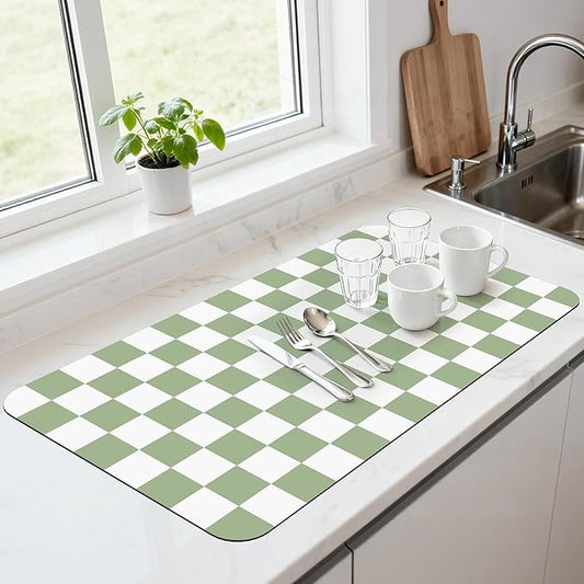 17" x 32" Checkered Dish Drying Mat for Kitchen Counter, Absorbent Coffee Bar Mat for Espresso Machine Coffee Countertops Accessories, Sage by Unknown