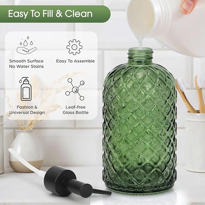 Topsky Gem Glass Soap Dispenser with Black Plastic Pump, 13oz Liquid Hand Soap Dispenser, Rustproof Pump for Kitchen & Bathroom, Great for Lotions, Essential Oil, Liquid Soaps-Army Green - Image 3