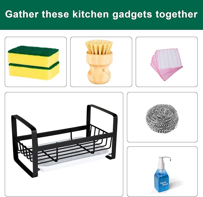 TEZZ Sponge Holder for Kitchen Sink- Stainless Steel Kitchen Sink Caddy for Organizing Sponge, Brush & Soap Dish Dispenser, coutertop Organizer Rack with Adhesive or Counter top, Black - Image 7