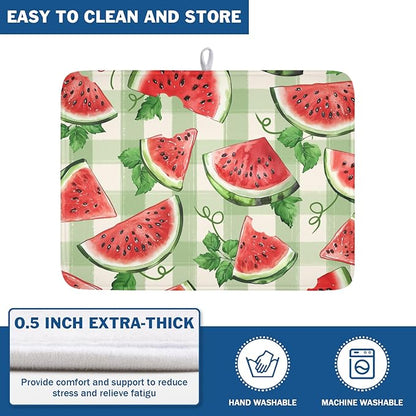 Summer Dish Drying Mat for Kitchen Counter Watercolor Watermelon Green Buffalo Plaid Microfiber Dish Drainer Mat Rustic Absorbent Washable Drying Pad Extra Large 18"x24"