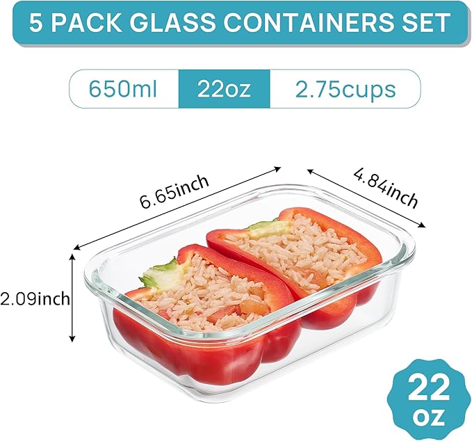 Vtopmart 5Pack 22oz Glass Storage Containers with Lids, Glass Meal Prep Food Container Sets with Snap Airtight Lids for Microwave, Oven, Freezer and Dishwasher, Pink - Image 2