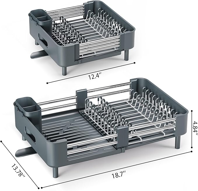 Urackify Stainless Steel Dish Drying Rack - Dish Drainer for Kitchen Counter, Extendable Drainboard with Foldable, Space-Saving Cup & Bowl Organizer, Includes Knife and Utensil Holder, Matte-Green - Image 2