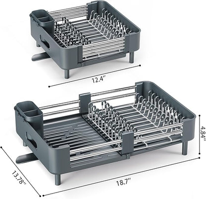 Urackify Stainless Steel Dish Drying Rack - Dish Drainer for Kitchen Counter, Extendable Drainboard with Foldable, Space-Saving Cup & Bowl Organizer, Includes Knife and Utensil Holder, Matte-Green - Image 2