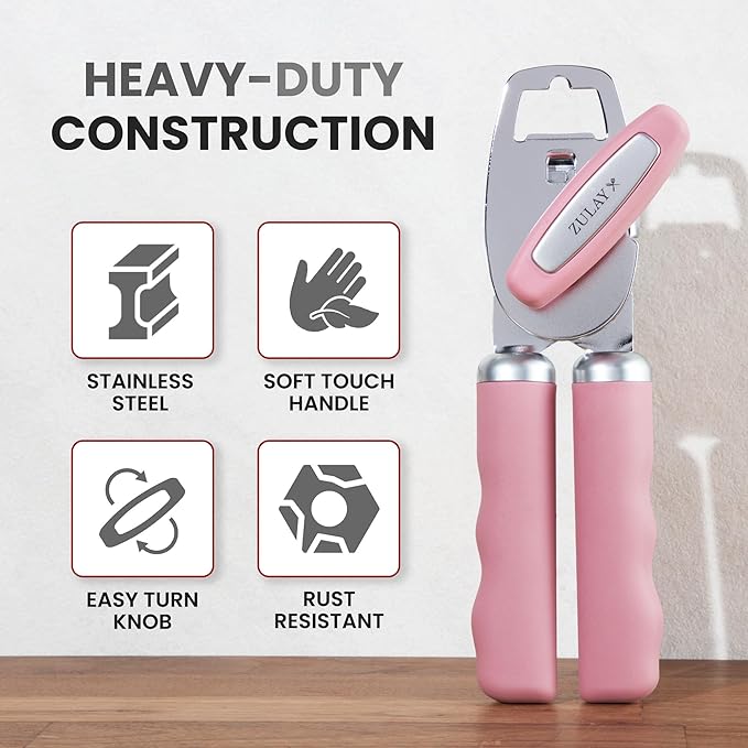 Zulay Kitchen Heavy Duty Stainless Steel Can Opener Manual with Bottle Opener - Rust Proof Manual Can Opener With Turn Knob & Comfy Soft Grip Handles - Pink - Image 3