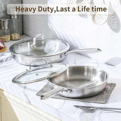 DELARLO Tri-Ply Stainless Steel Pan, 18/10 Frying Pan, Oven Safe Up to 600°F, Nontoxic Cookware, Compatible with All Cooktops Skillet, Durable, Fast Even Heat Fry Pan,12 inch Pan with Glass Lids - Image 3