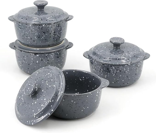 Individual Serving Pot Set of 4-10 Oz Ceramic Mini Cocotte with Handles & Lids - Great for Souffle, Soup, Cobbler, Stoneware Baking Ramekins, Oven Compatible,Gray