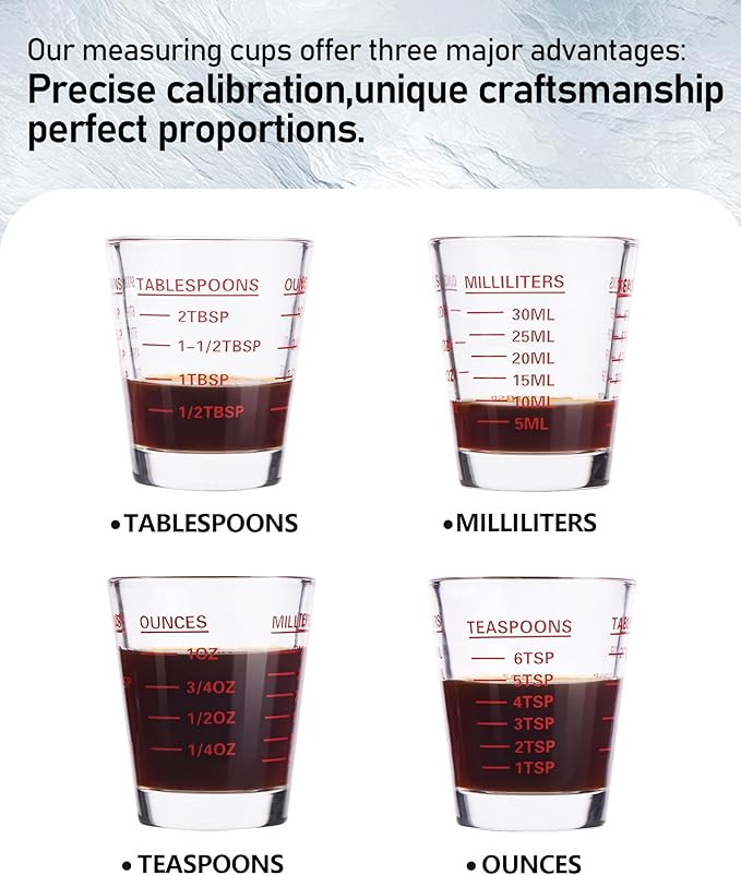 Shot Glasses Measuring Cup Set 2PACK Espresso Shot Glasses Liquid Heavy Glass 26-Incremental Measurement 1 OZ, 2 TBS, 6 TSP, 30 ML Kitchen Tools (RED&Black)