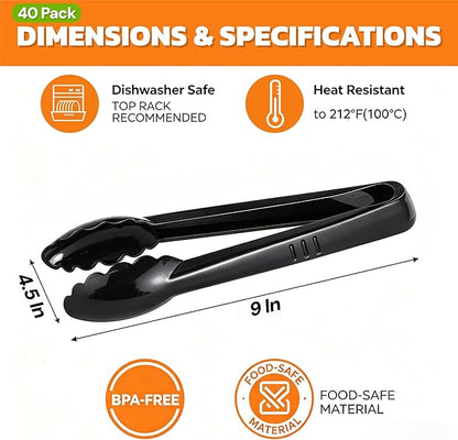 40 Pack Plastic Tongs for Serving, 9" Disposable Buffet Tong, Heavy Duty Scalloped Serving Utensil Tongs, Bulk Charcuterie Accessories for Party Events Catering Kitchen BBQ Ice Salad, Black - Image 2