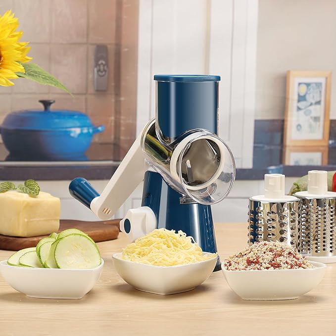 Cambom Rotary Cheese Grater Hand Crank Cheese Shredder for Fresh Cheese, Vegetable, Nuts,Non-slip Suction Base, Free Cleaning Brush Three Blades,Deep Blue - Image 8