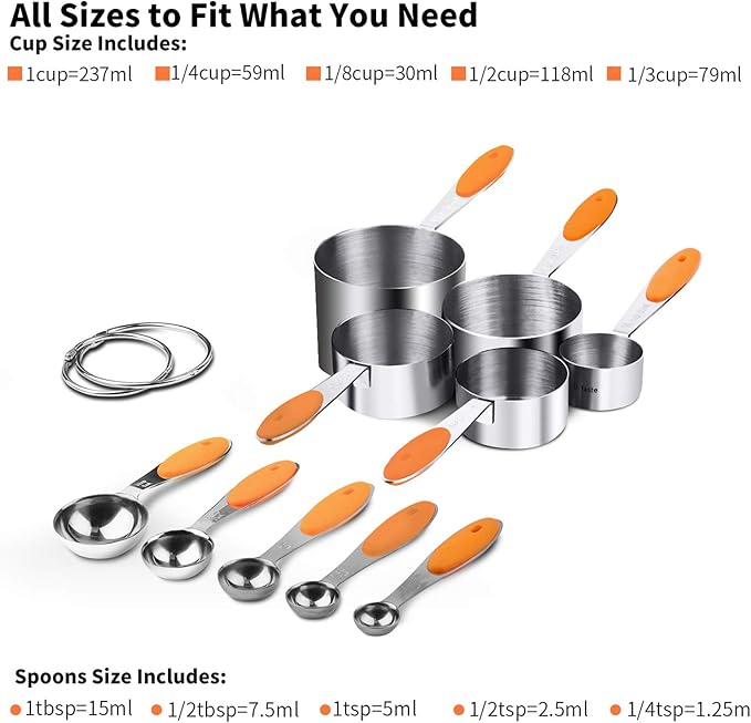 Measuring Cups : U-Taste 18/8 Stainless Steel Measuring Cups and Spoons Set of 10 Piece, Upgraded Thickness Handle(Orange) - Image 2