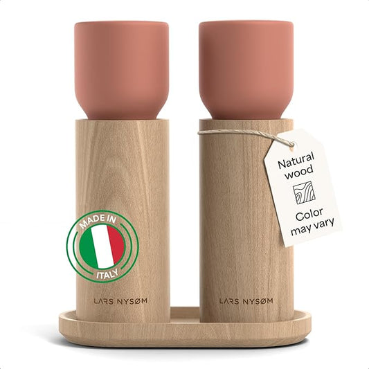 LARS NYSØM Wooden Salt and Pepper Grinder Set Manual with Tray - Salt and Pepper Mills with Adjustable Ceramic Grinder - Elegant Beechwood Pepper and Salt Mill Set for Dining Table (Brick Red)