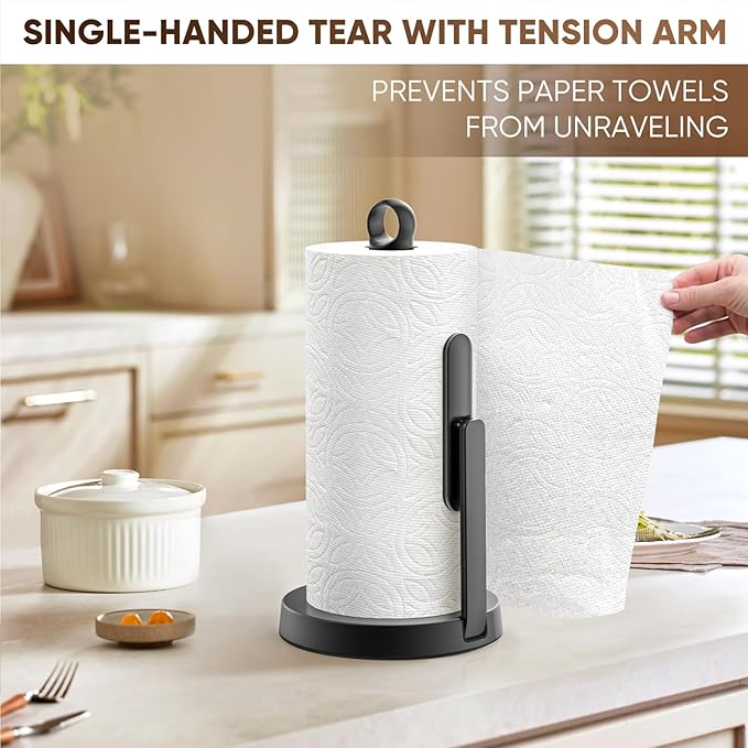 theaoo Heavy-Duty Stainless Steel Paper Towel Holder with Tension Arm – Easy One-Handed Tear, Modern Standing Countertop Dispenser for Kitchen, Holds All Paper Towel Rolls (1, Black) - Image 7