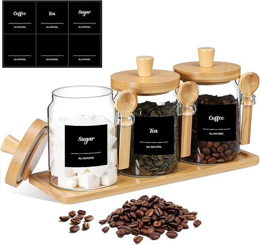 Suclain 3 Pcs Glass Coffee Container with Wooden Lid Spoon Shelf Labels Clear Airtight Jar Food Storage Canister Set for Sugar Spice Coffee Bean Holder Housewarming Gift(20 oz,Natural Bamboo) by Suclain