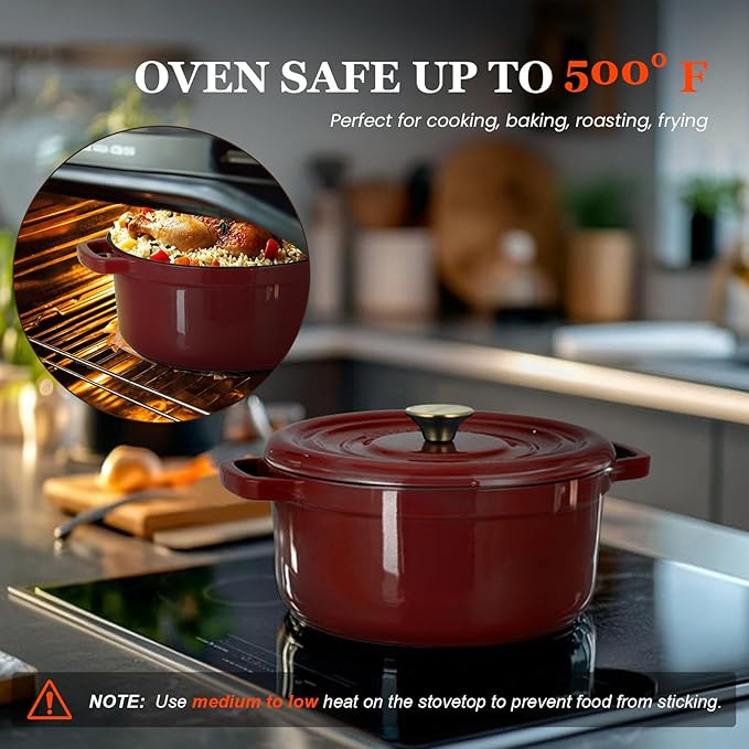 Overmont Enameled Cast Iron Dutch Oven - 5QT Pot with Lid Cookbook & Cotton Potholders - Heavy-Duty Cookware for Braising, Stews, Roasting, Sourdough Baking burgundy - Image 8
