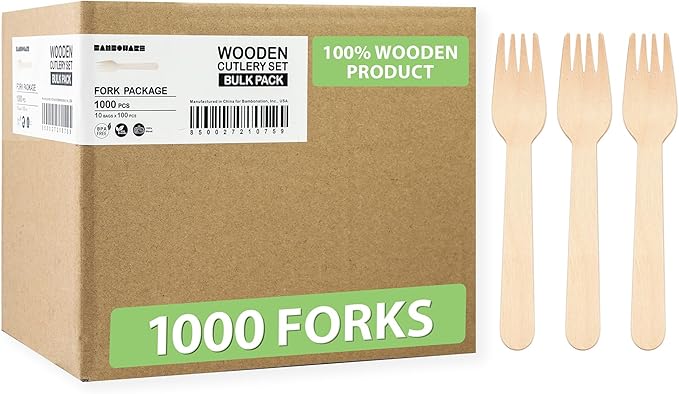 Wooden Forks 1000 Pieces Bulk Pack | Heavy-Duty Natural Birch Wood Disposable Forks | Eco-Friendly, Sturdy & Plastic-Free for Catering and Large Events by Bamboware