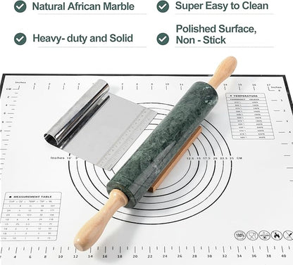 Koville Indian Natural Marble Rolling Pin, Non-Stick Polished Dough Roller, Pasta, Dumpling, Fondant, Pie Crust, Bread, Pizza Dough, Kitchen Baking Pastry Tools with Mat/Scraper(Indian Green) - Image 3