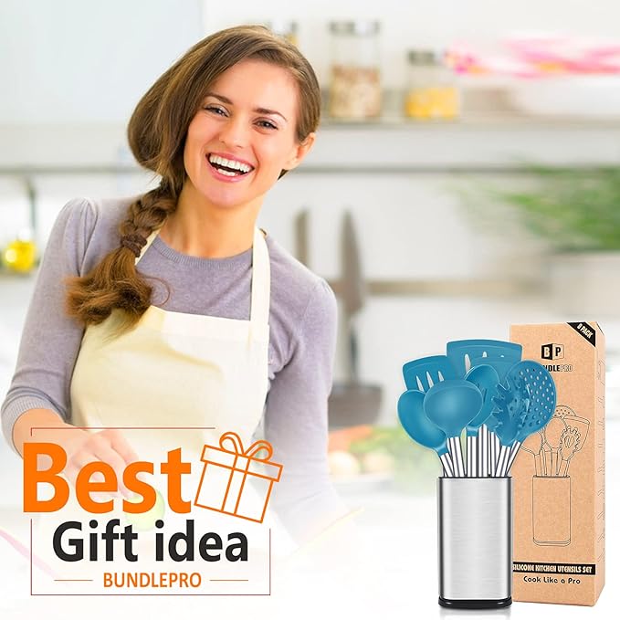 Silicone Cooking Utensil Set, 8Pcs Non-stick Cookware with Stainless Steel Handle, BPA Free Heat Resistant Kitchen Tools with Spatulas, Turners, Spoons, Skimmer and Pasta Fork - Image 8