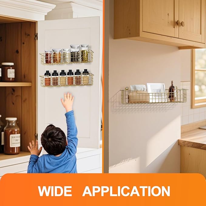 Spice Rack, 4-Pack Seasoning Organizer Wall Mount for Kitchen Storage Organization, Spice Holder Shelf Saving Space for Cabinet, RV, Pantry, Gold - Image 8