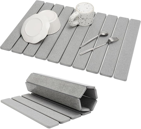 Large Stone Dish Drying Mat for Kitchen Counter, Eco-friendly, Instant Drying Pad,Diatomaceous Earth Water Absorbing Mat, Foldable and Super Absorbent Dish Drying Stone Mat, 24"×16", Light Gray by Unknown