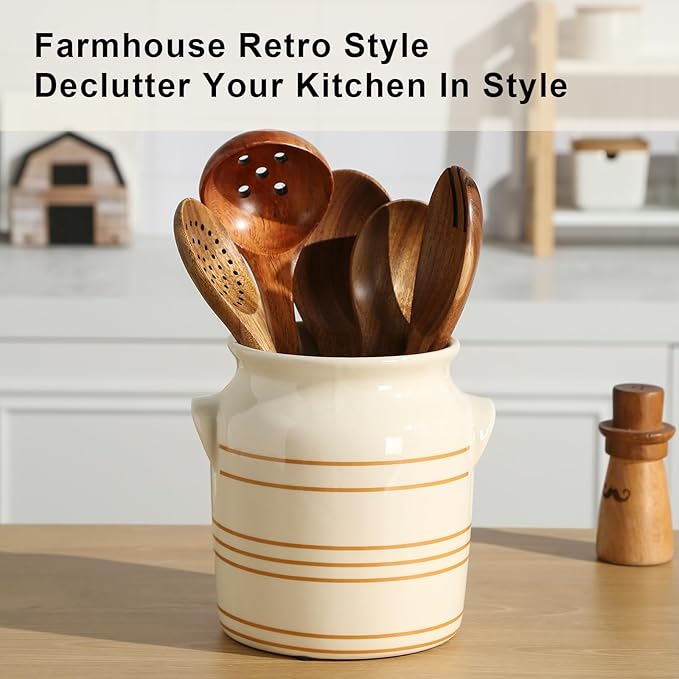 Ceramic Farmhouse Kitchen Utensil Holder for Countertop, Rustic Cooking Utensil Holder Crock Fit for Kitchen Counter. 6*6.8*6.7 IN - Image 6