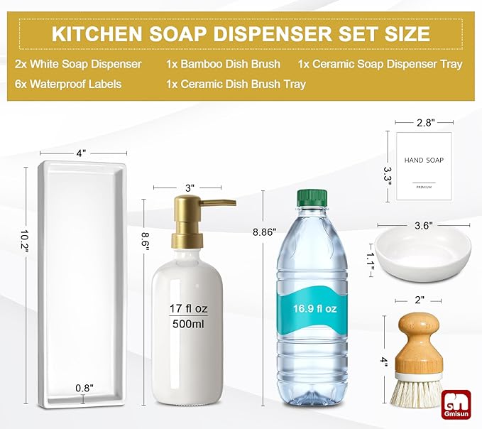GMISUN Kitchen Soap Dispenser, 16 Oz Kitchen Dish Soap Dispenser Set with Ceramic Tray & Bamboo Brush, 2Pcs Farmhouse Dish Soap Dispenser for Kitchen, Modern White Glass Liquid Hand Soap Dispenser - Image 3