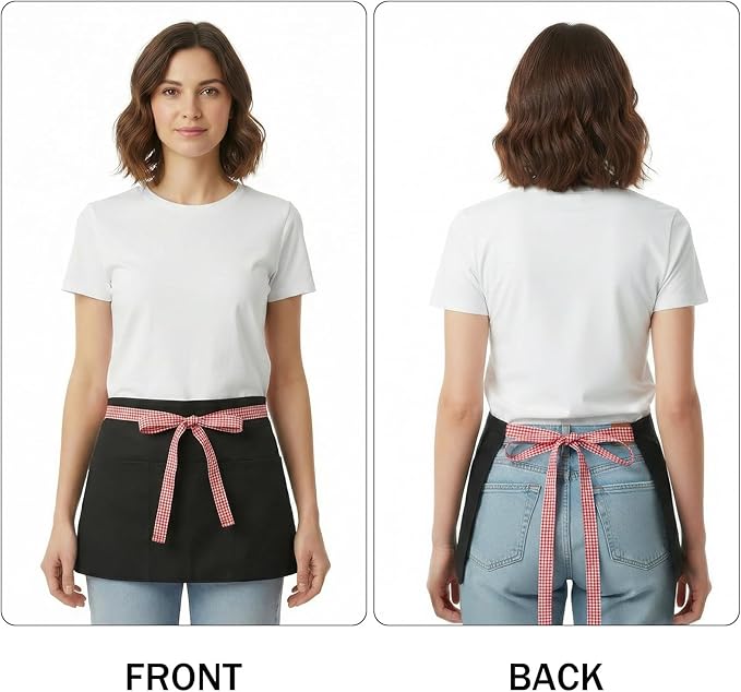 BOHARERS 3-Pocket Waist Apron With Red And White Plaid Shoulder Straps - Black Waitress Waiter Server Short Aprons - Image 2