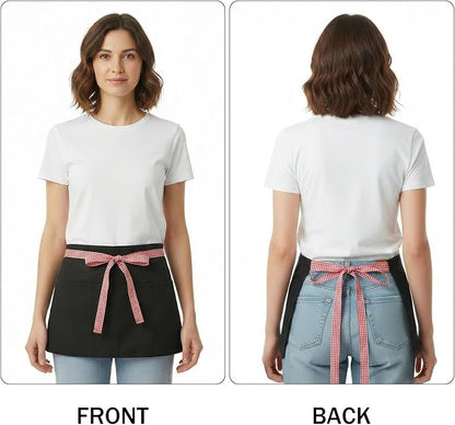 BOHARERS 3-Pocket Waist Apron With Red And White Plaid Shoulder Straps - Black Waitress Waiter Server Short Aprons - Image 2