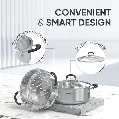 SUNHOUSE - 4.6 Quart Steamer Pots with Lid 2-Tier Multipurpose Stainless Steel Steaming Pot Cookware with Handle for Vegetable, Dumpling, Sauce, Food - Triple Bottom, Measurement Line - Image 3