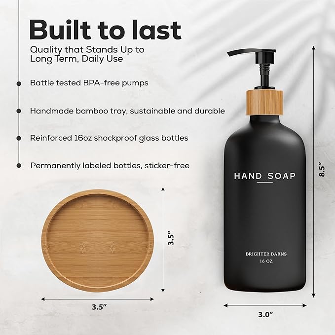 Black Glass Hand Soap Dispenser Bathroom Set by Brighter Barns - Bathroom Soap Dispenser Set with Tray - Glass Pump Bottle - Luxury Bathroom Accessories for Hotel, Vacation Rental, Restaurants (Black) - Image 3