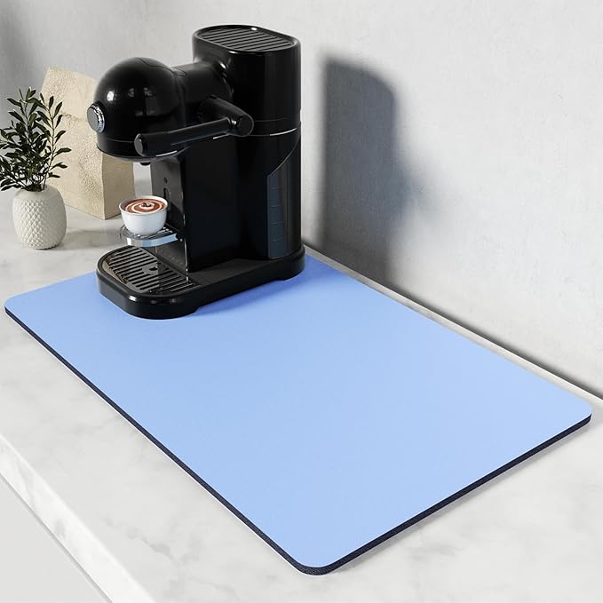 Rnivvi Coffee Mat, 12" x 19" Coffee Bar Mats for Espresso Machine Station Accessories and Organizer, Hide Stain Rubber Backed Absorbent Dish Drying Pad for Kitchen Counter, Cute Bar Decor Pad, Blue by Rnivvi