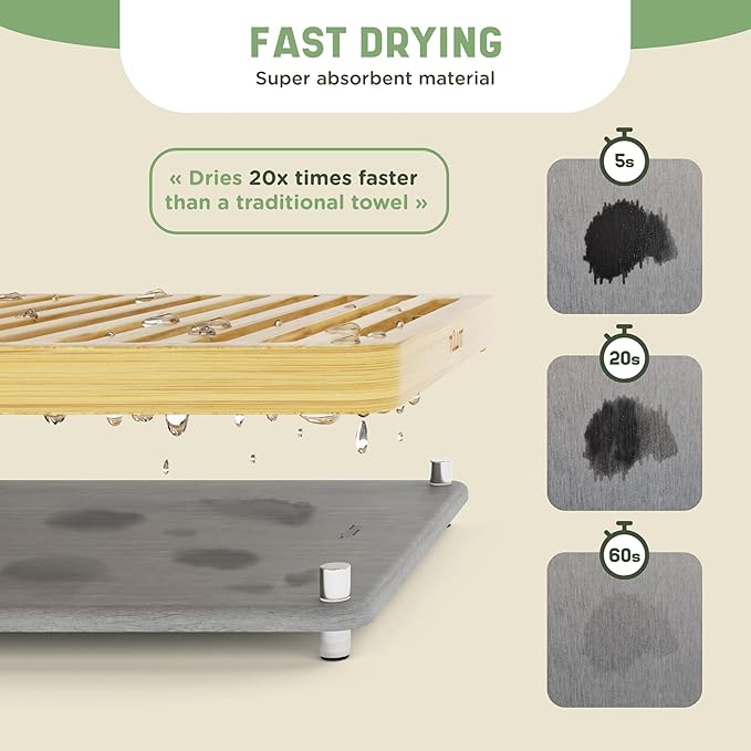 NIUM Stone Drying Mat for Kitchen Counter & Bamboo Rack - 16″x12″ - Diatomaceous Earth Dish drying mat Ultra Absorbent & Fast Drying - EcoFriendly with Non-Slip Pads & Anti-Moisture Design - Image 3