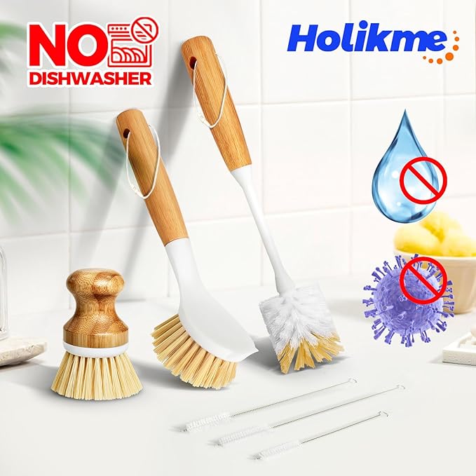 Holikme 6 Pack Dish Brush Scouring Pad Set with Bottle Brush, Dish Brush, Palm Scrub Brush and Straw Brush, Dish Scrubber Long Handle for Dish Bottle Cup Skillet Wok Pot Pan Cast Iron, Yellow - Image 5