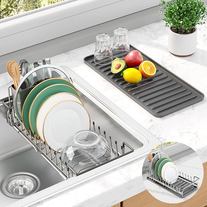 Kitsure Dish Drying Rack - Expandable Dish Rack for Kitchen Counter, Over Sink Or in Sink, Space-Saving Plates Dryer with Cutlery Holder & Drip Tray, 14.0"-20.9" L x 6.3" W x 8.0" H, Sliver by Kitsure
