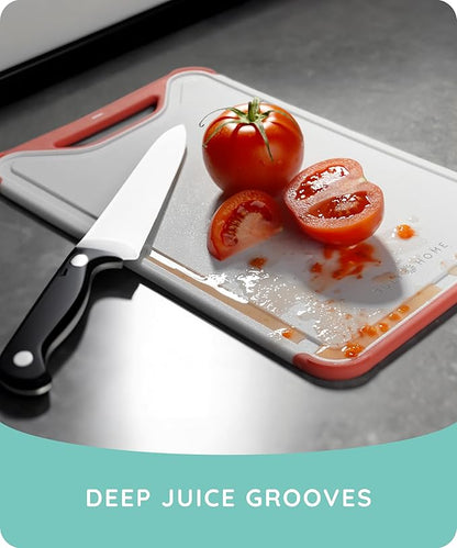 Cutting Boards for Kitchen, Plastic Cutting Board Set of 3, Dishwasher Safe Cutting Boards with Juice Grooves for Meat, Veggies, Easy Grip Handle, Serveware Accessories (Pink)