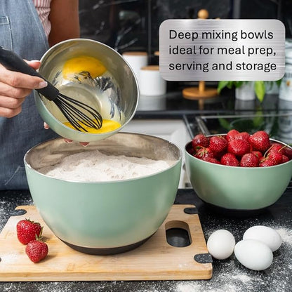WHYSKO Stainless Steel Mixing Bowls Set of 3 with Non-Slip Silicone Base, Nesting Metal Bowls for Meal Prep, Baking, Cooking & Food Storage, Dishwasher Safe Kitchen Mixing Bowls, Green - Image 3